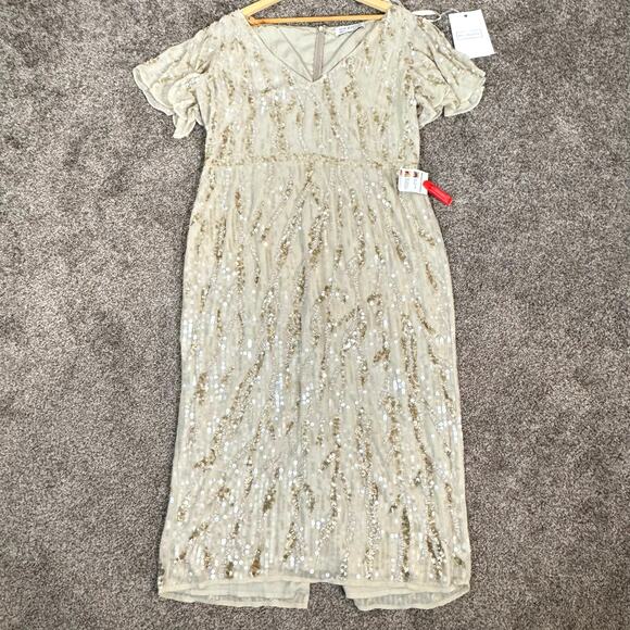 Mac Duggal NWT Women's 14 Sequined V Neck Flutter Sleeve Tea Length Dress 93591 - Picture 5 of 16